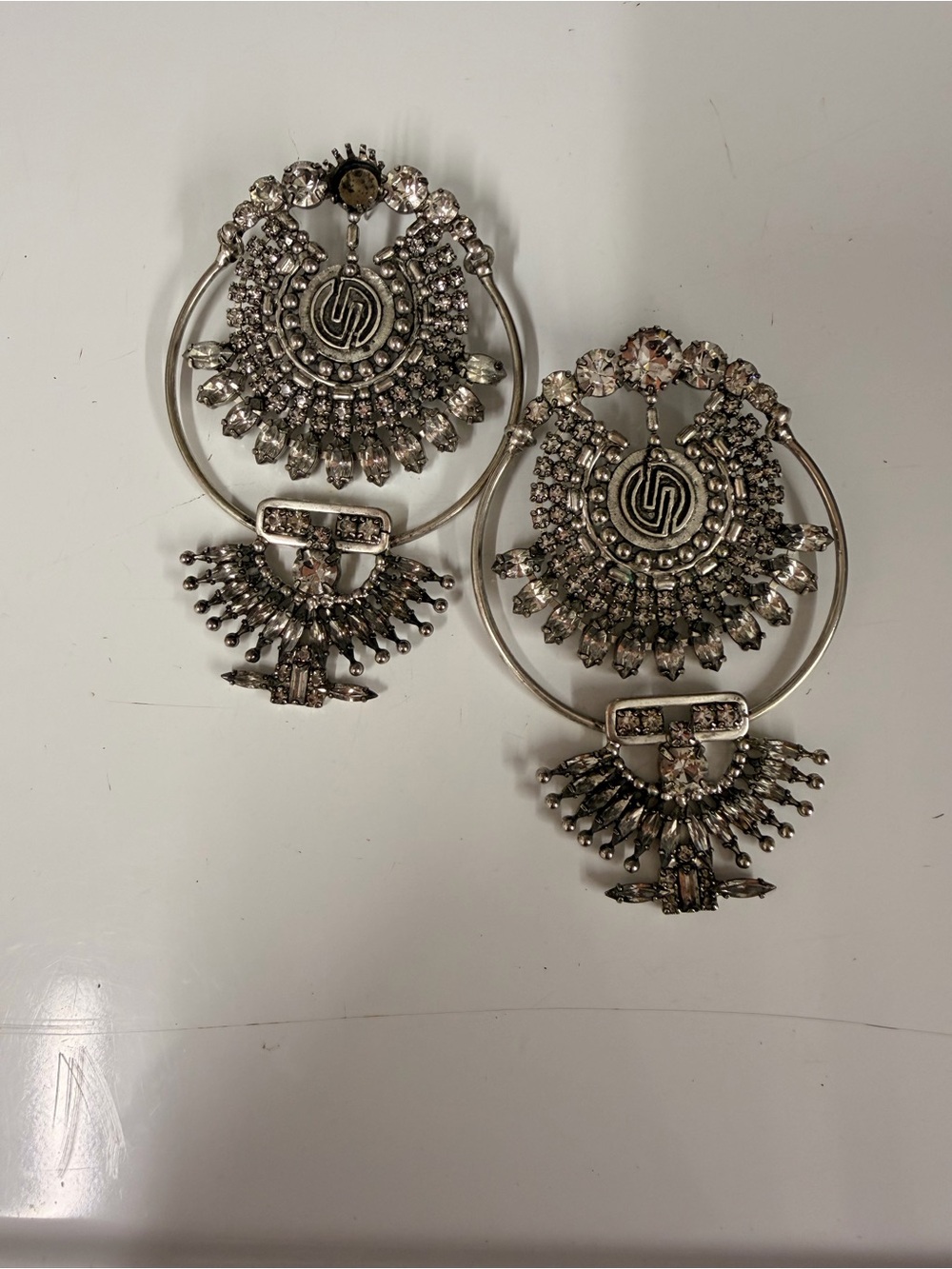 Ornate Silver-Tone Crystal Hoop Drop Earrings